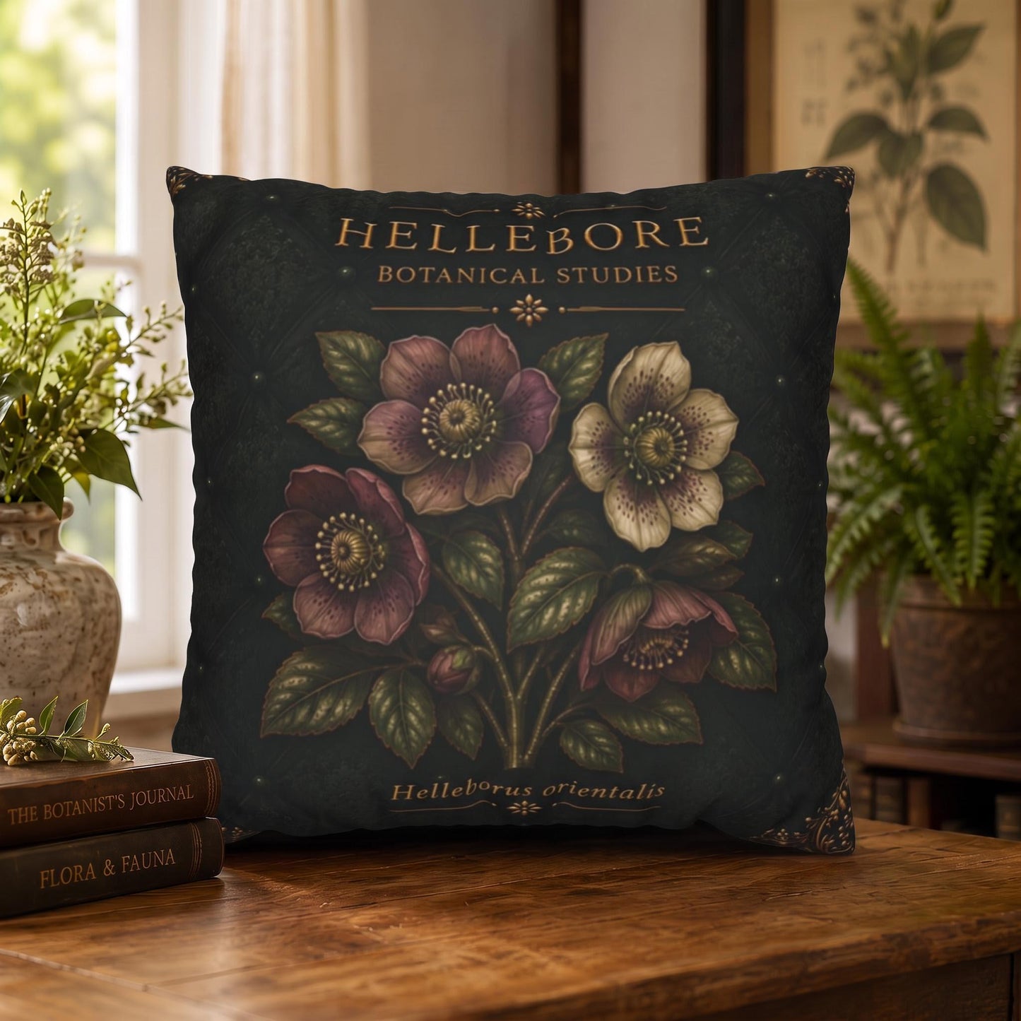 Hellebore Botanical Pillow, Vintage Floral Throw Pillow, Cottagecore Cushion, Garden Decor, Botanical Home Accent