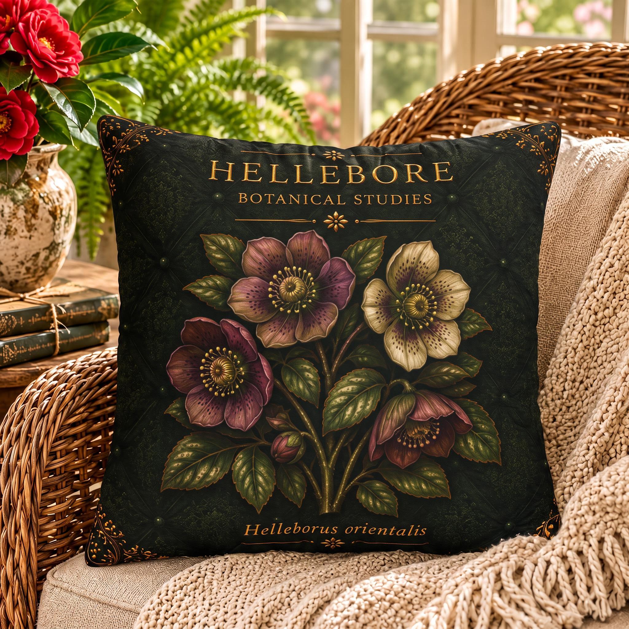 Hellebore Botanical Pillow, Vintage Floral Throw Pillow, Cottagecore Cushion, Garden Decor, Botanical Home Accent