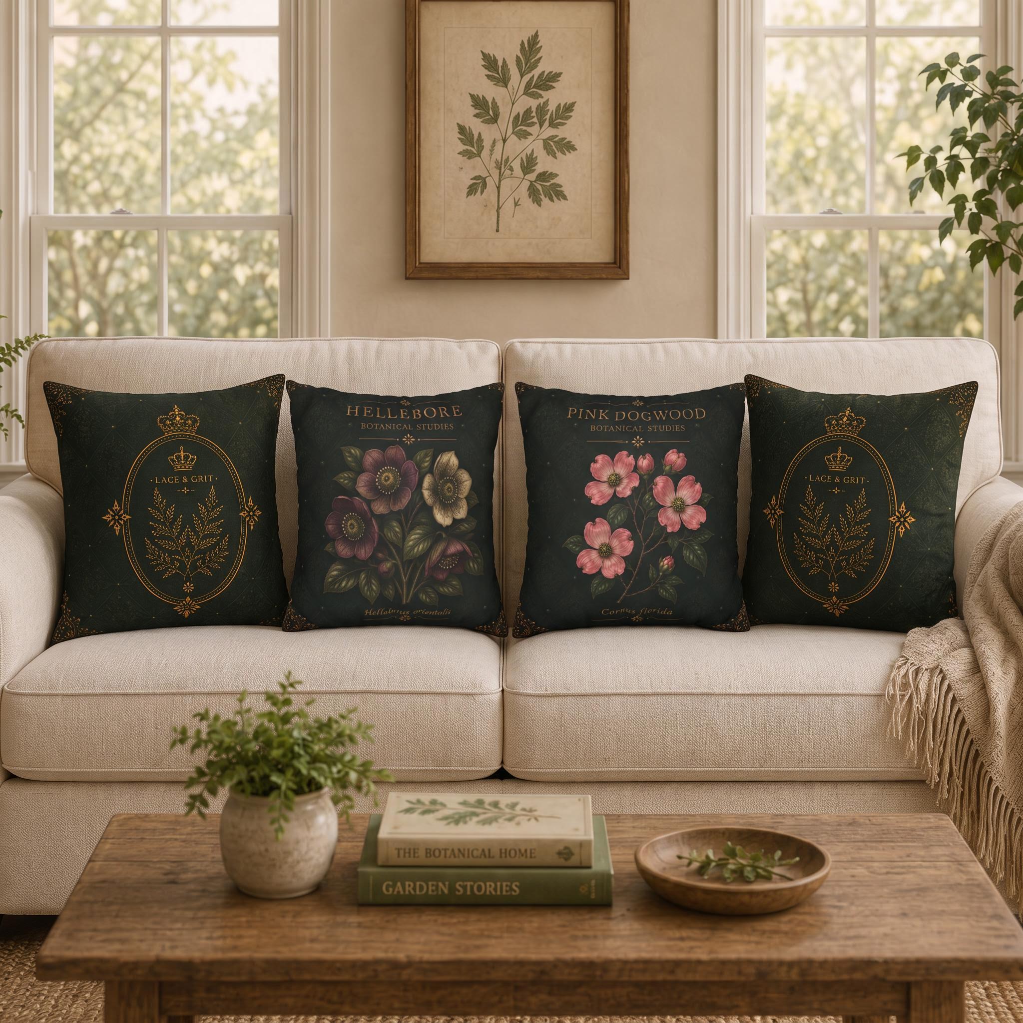 Hellebore Botanical Pillow, Vintage Floral Throw Pillow, Cottagecore Cushion, Garden Decor, Botanical Home Accent