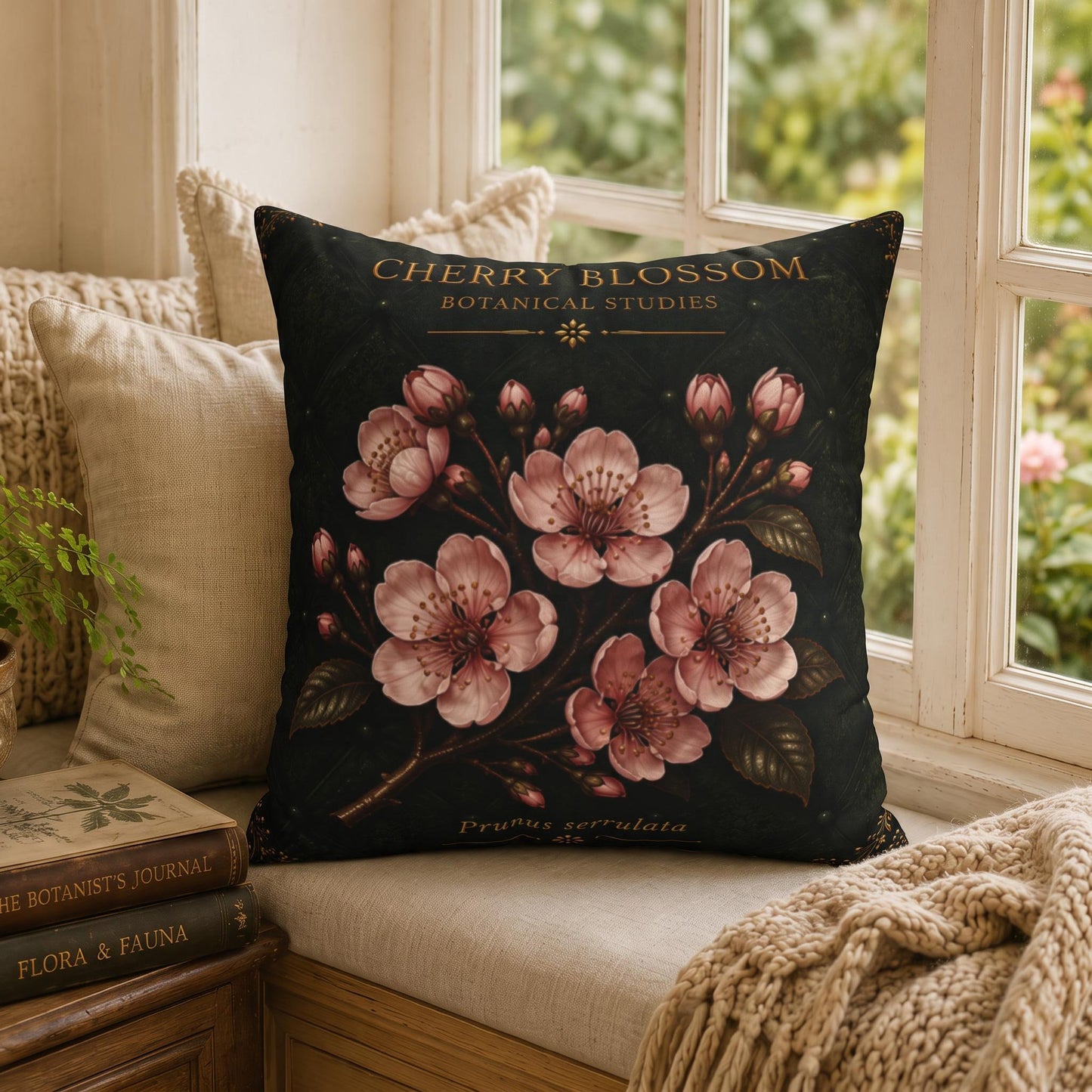 Cherry Blossom Botanical Pillow, Vintage Floral Throw Pillow, Cottagecore Cushion, Spring Garden Decor, Botanical Home Accent