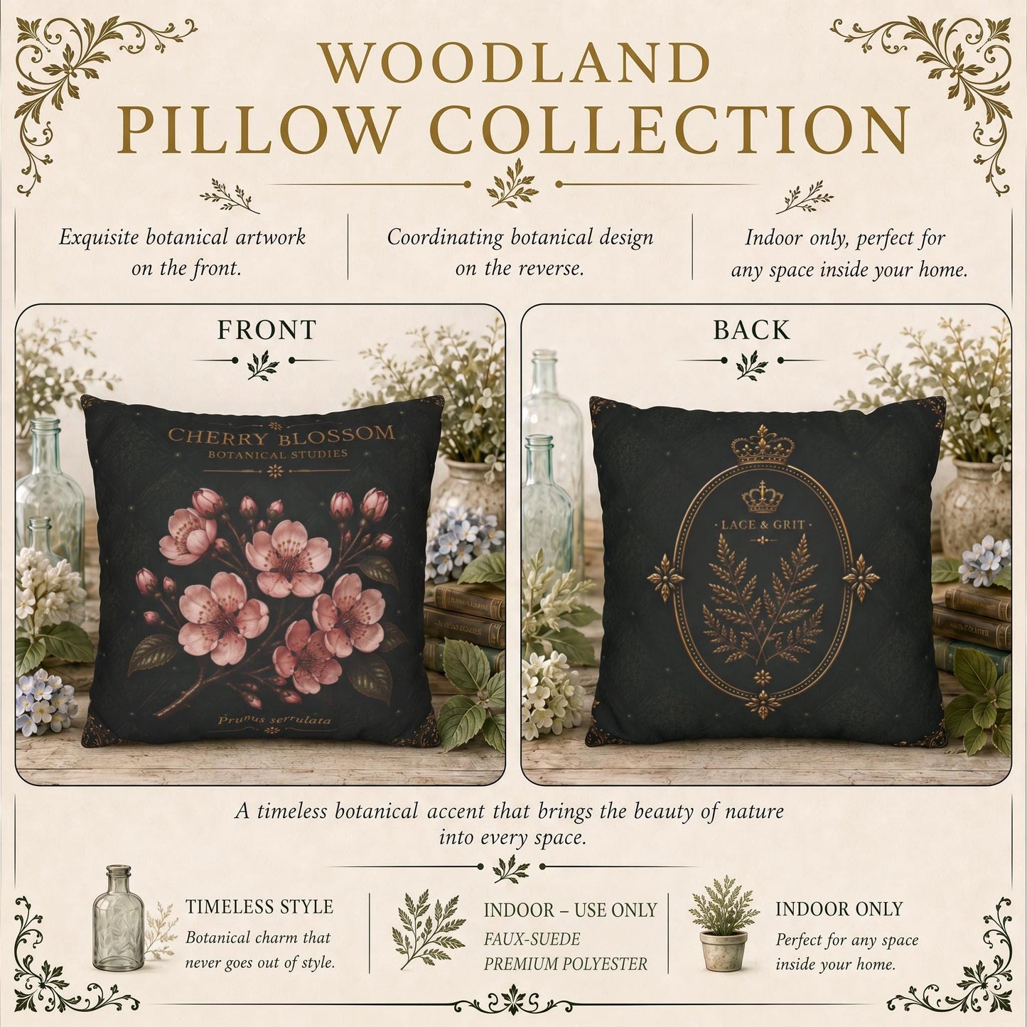 Cherry Blossom Botanical Pillow, Vintage Floral Throw Pillow, Cottagecore Cushion, Spring Garden Decor, Botanical Home Accent