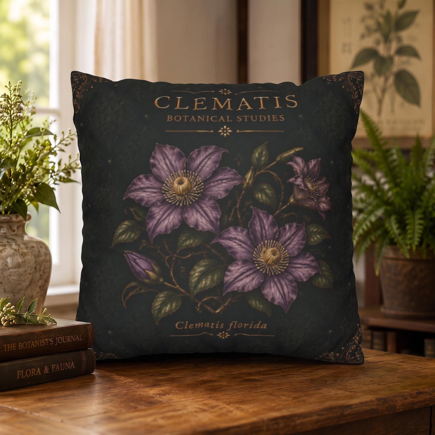 Clematis Botanical Studies Faux Suede Pillow, Vintage Floral Home Decor (Cover or Insert)
