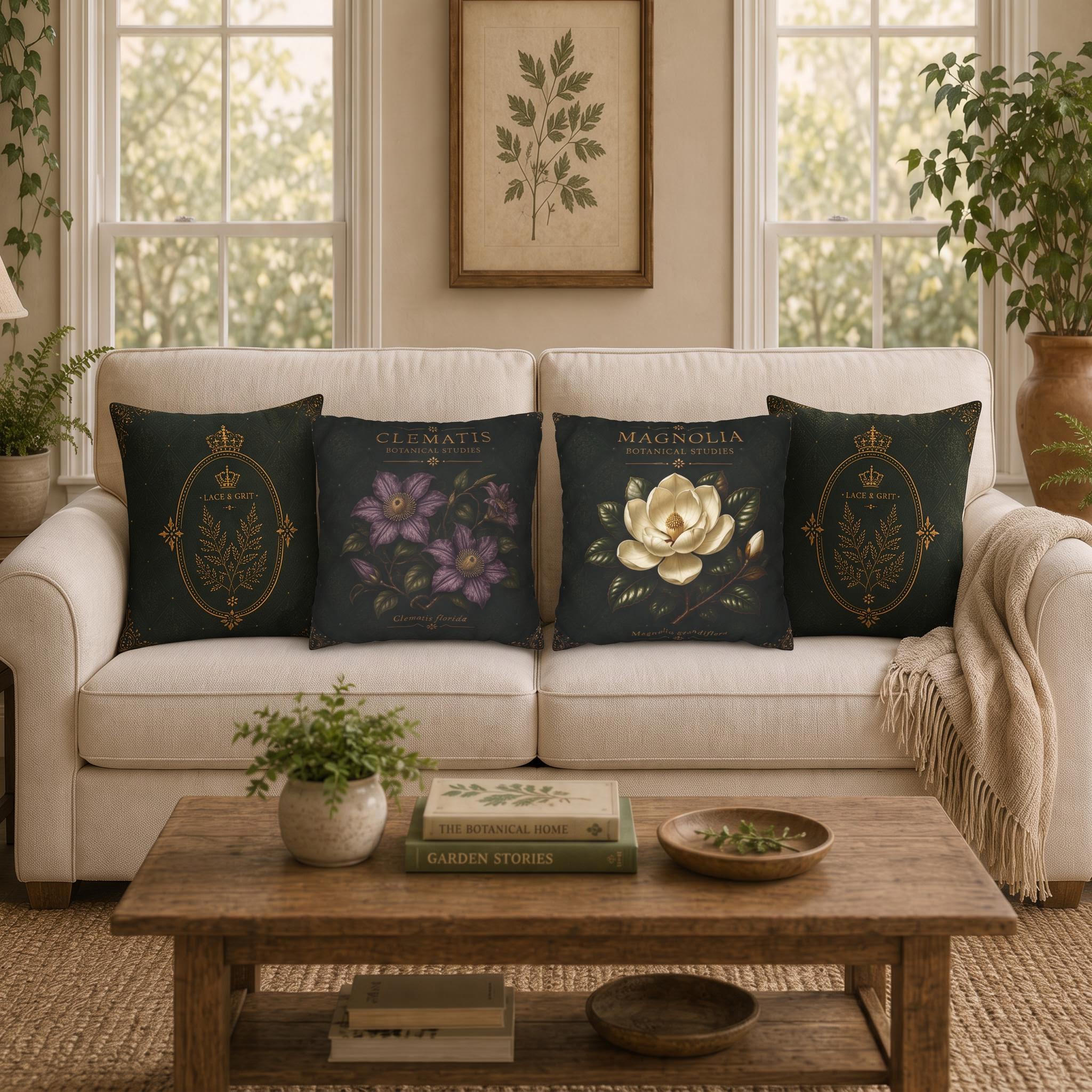Clematis Botanical Studies Faux Suede Pillow, Vintage Floral Home Decor (Cover or Insert)