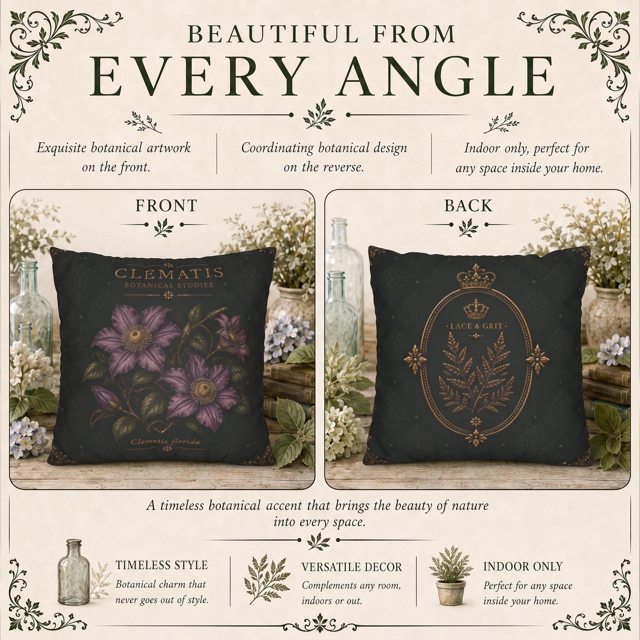 Clematis Botanical Studies Faux Suede Pillow, Vintage Floral Home Decor (Cover or Insert)