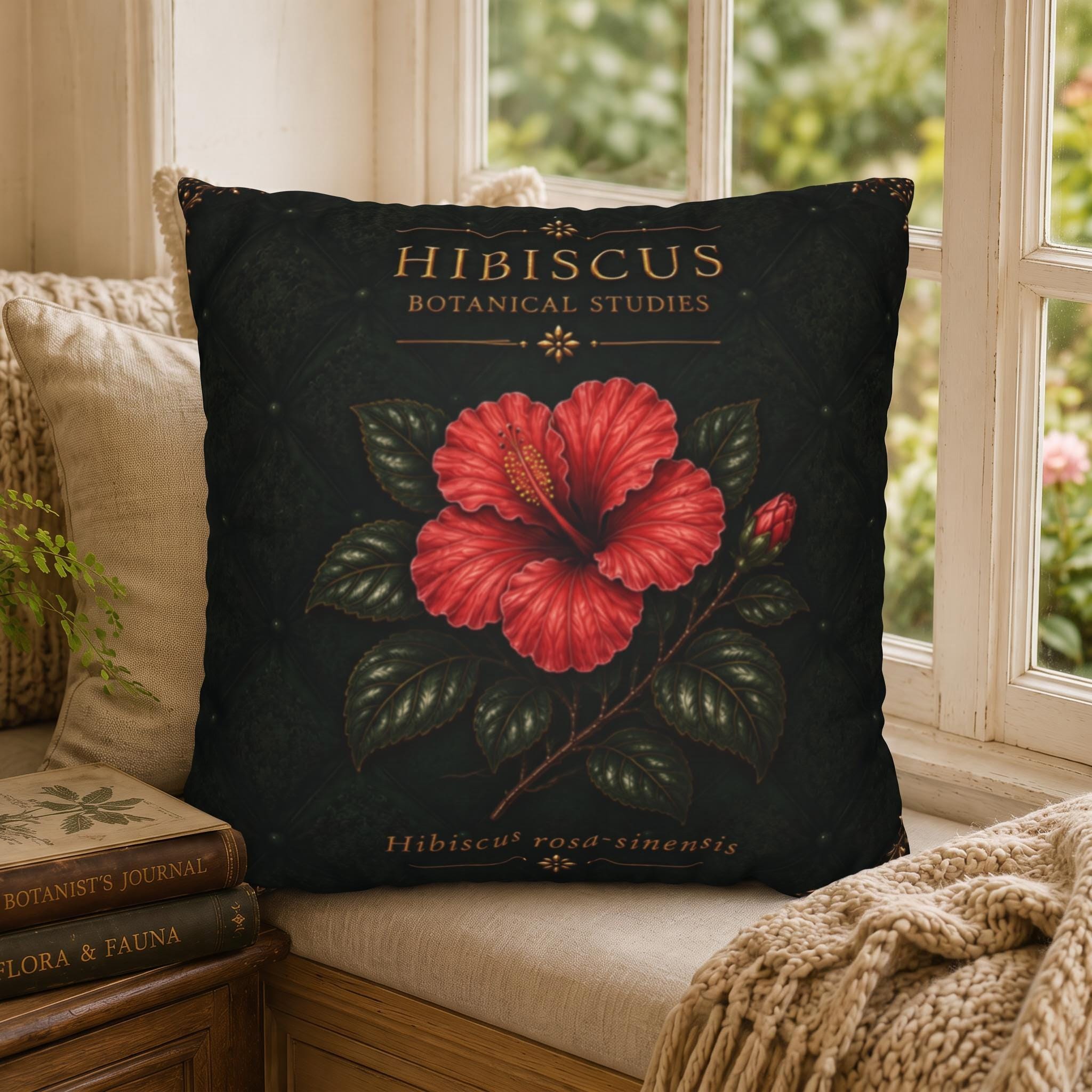 Hibiscus Botanical Studies Faux Suede Pillow, Vintage Floral Home Decor (Cover or Insert)