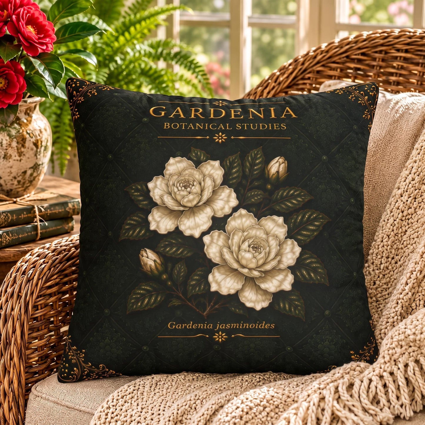 Gardenia Botanical Studies Faux Suede Pillow, Vintage Floral Home Decor (Cover or Insert)