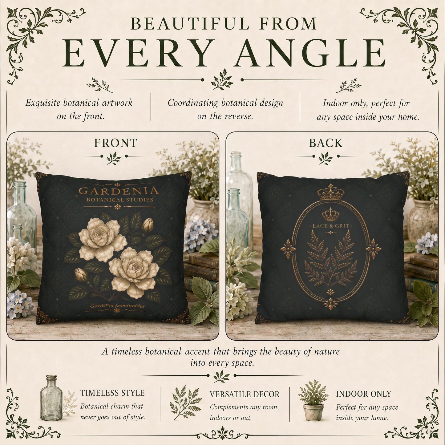 Gardenia Botanical Studies Faux Suede Pillow, Vintage Floral Home Decor (Cover or Insert)