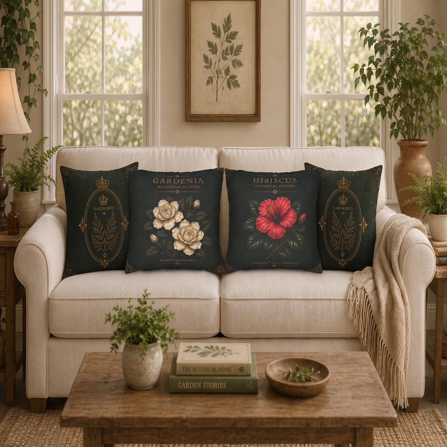 Gardenia Botanical Studies Faux Suede Pillow, Vintage Floral Home Decor (Cover or Insert)