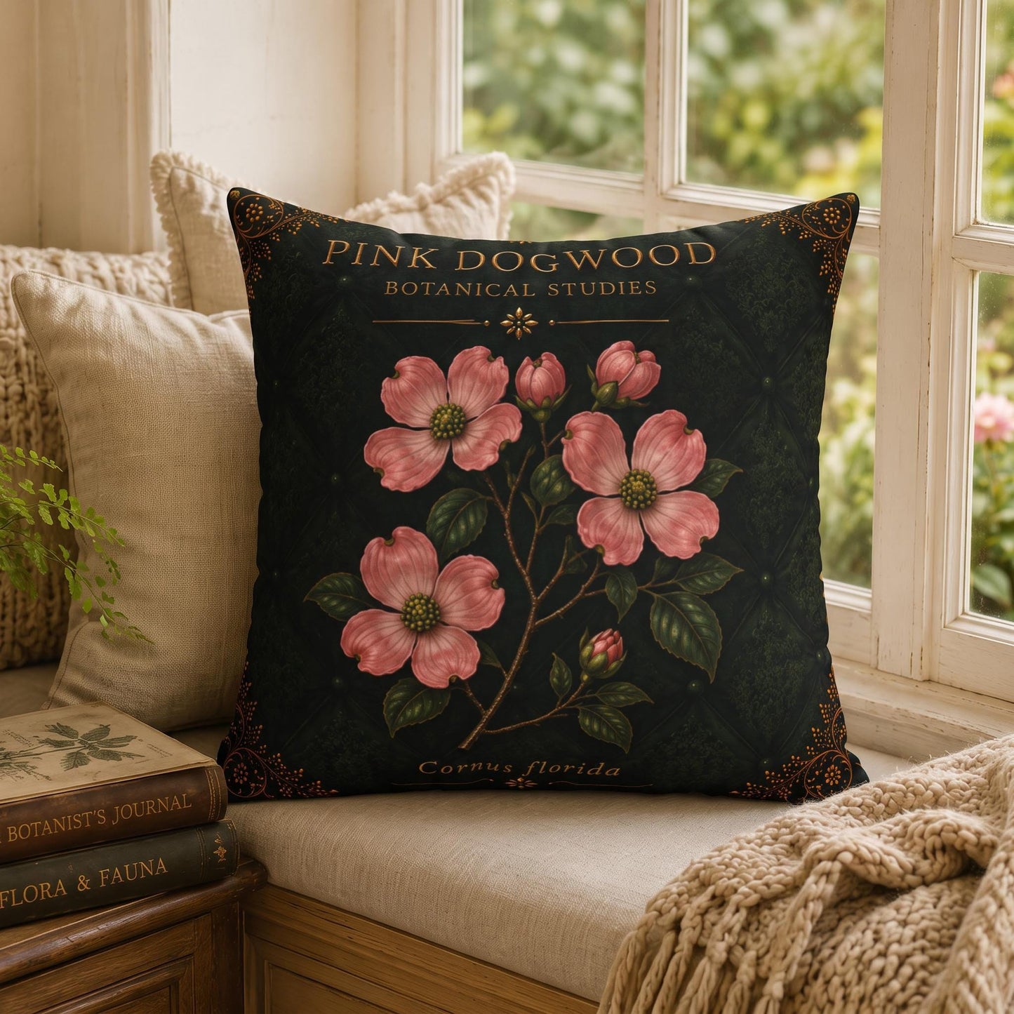Pink Dogwood Botanical Studies Faux Suede Pillow, Vintage Floral Home Decor (Cover or Insert)