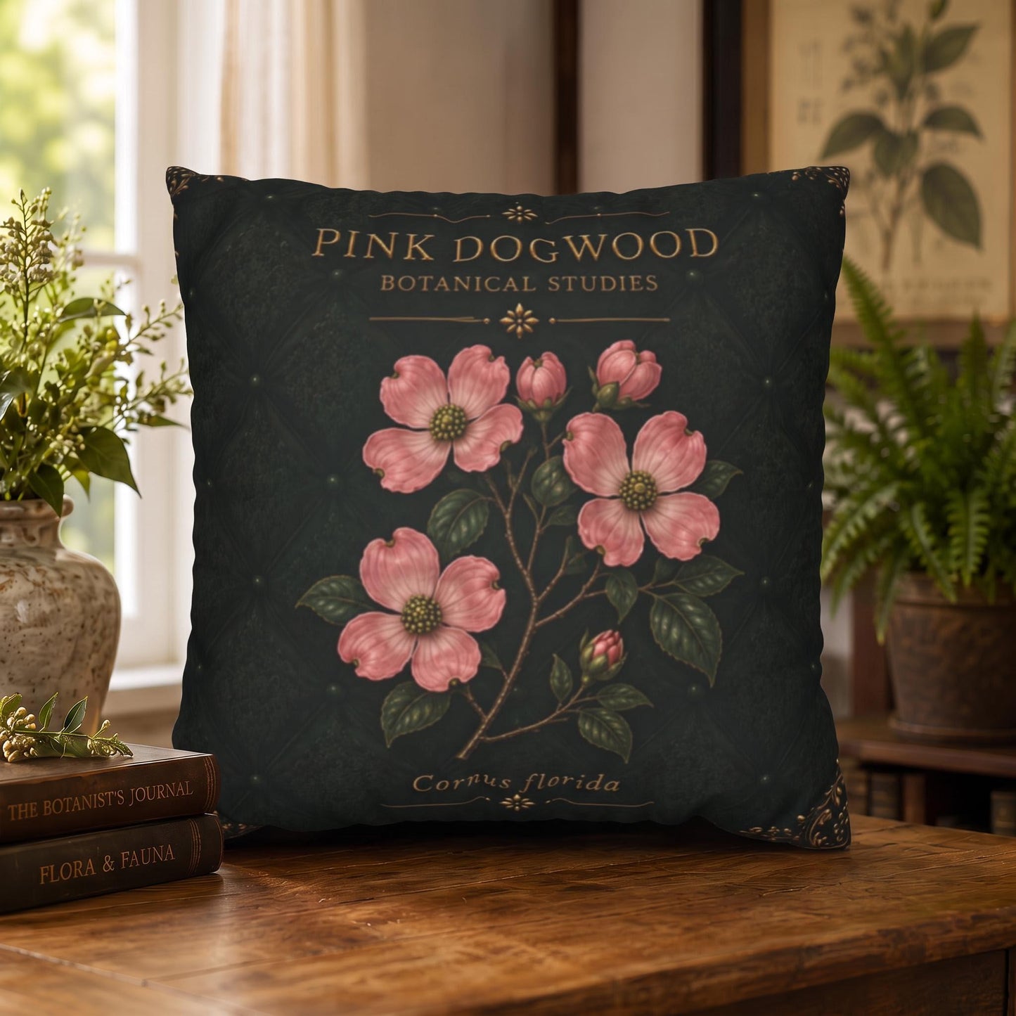 Pink Dogwood Botanical Studies Faux Suede Pillow, Vintage Floral Home Decor (Cover or Insert)