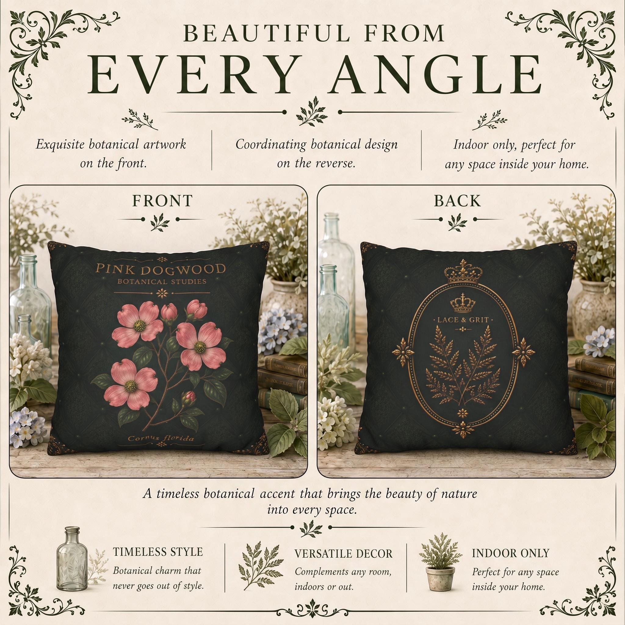 Pink Dogwood Botanical Studies Faux Suede Pillow, Vintage Floral Home Decor (Cover or Insert)
