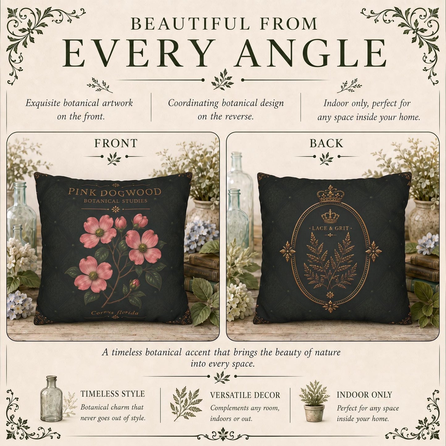 Pink Dogwood Botanical Studies Faux Suede Pillow, Vintage Floral Home Decor (Cover or Insert)
