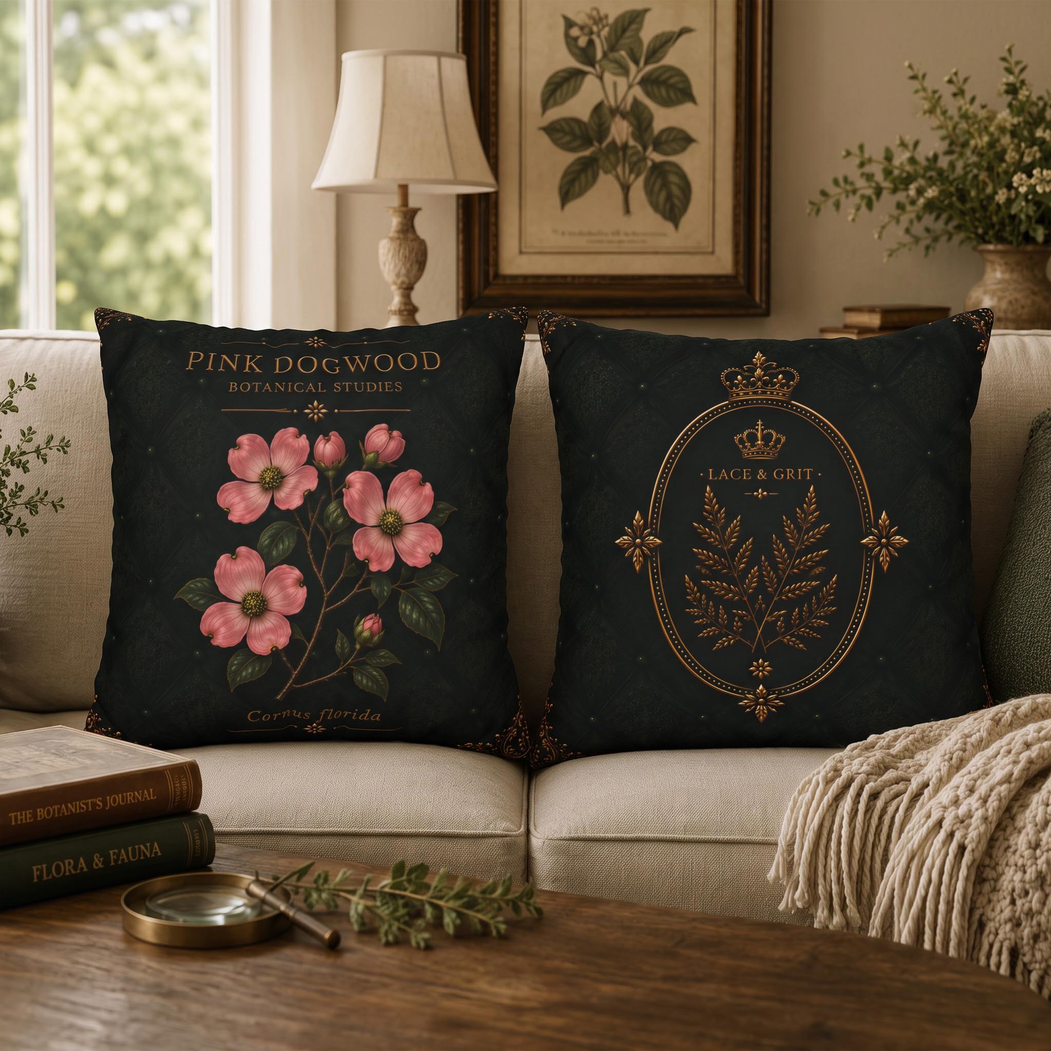 Pink Dogwood Botanical Studies Faux Suede Pillow, Vintage Floral Home Decor (Cover or Insert)