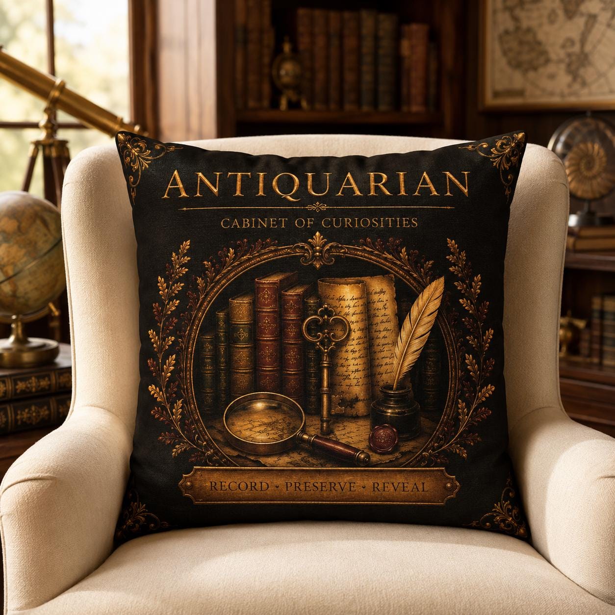 Antiquarian Cabinet of Curiosities Pillow, Dark Academia Throw Pillow, Library Decor Cushion, Museum Style Home Accent