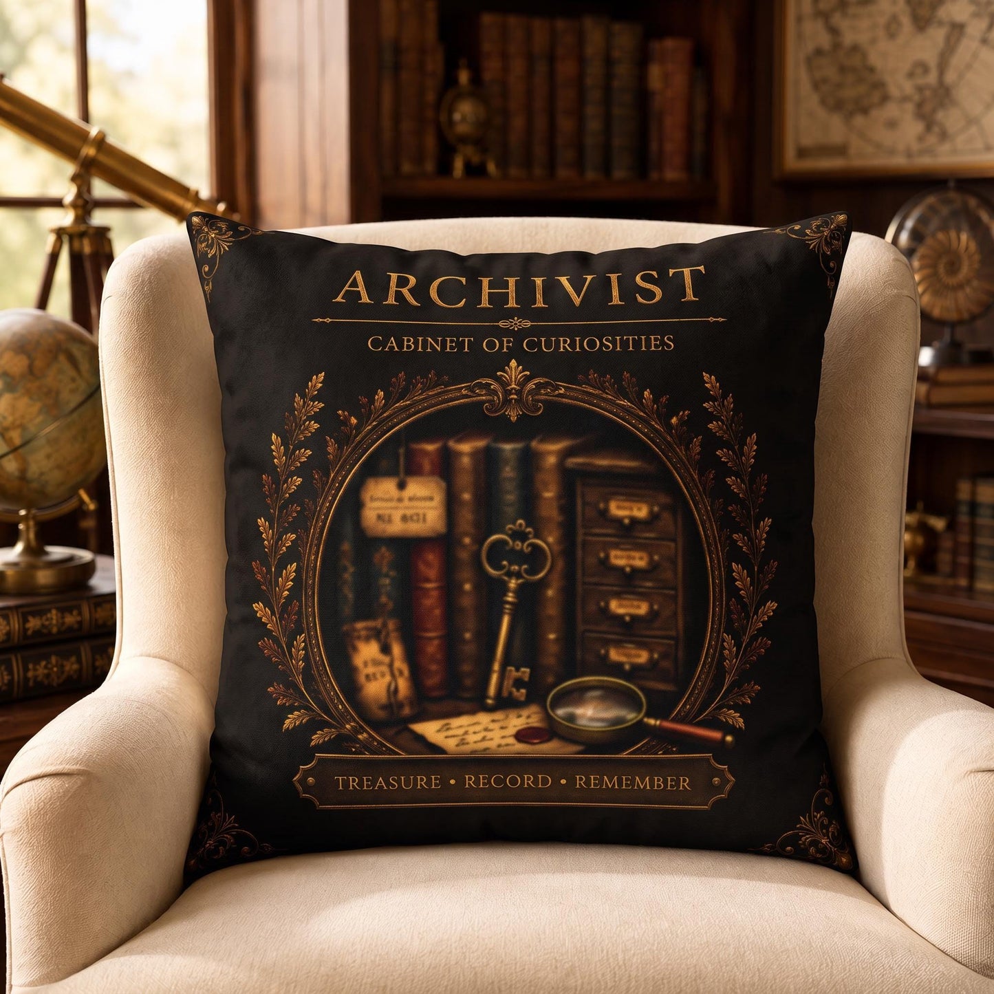 Archivist Cabinet of Curiosities Faux Suede Pillow, Vintage Curio Home Decor (Cover or Insert)