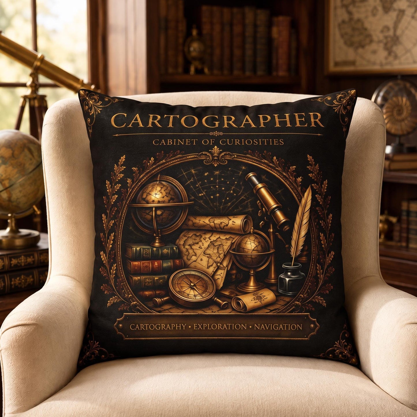 Cartographer Cabinet of Curiosities Pillow, Dark Academia Throw Pillow, Library Decor Cushion, Museum Style Home Accent