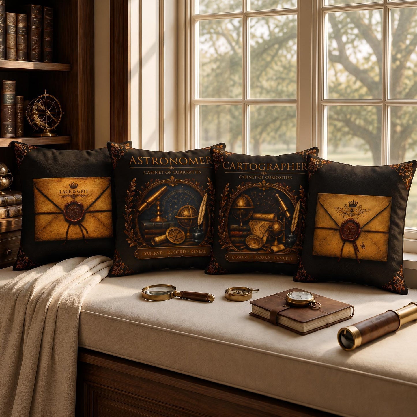 Cartographer Cabinet of Curiosities Pillow, Dark Academia Throw Pillow, Library Decor Cushion, Museum Style Home Accent