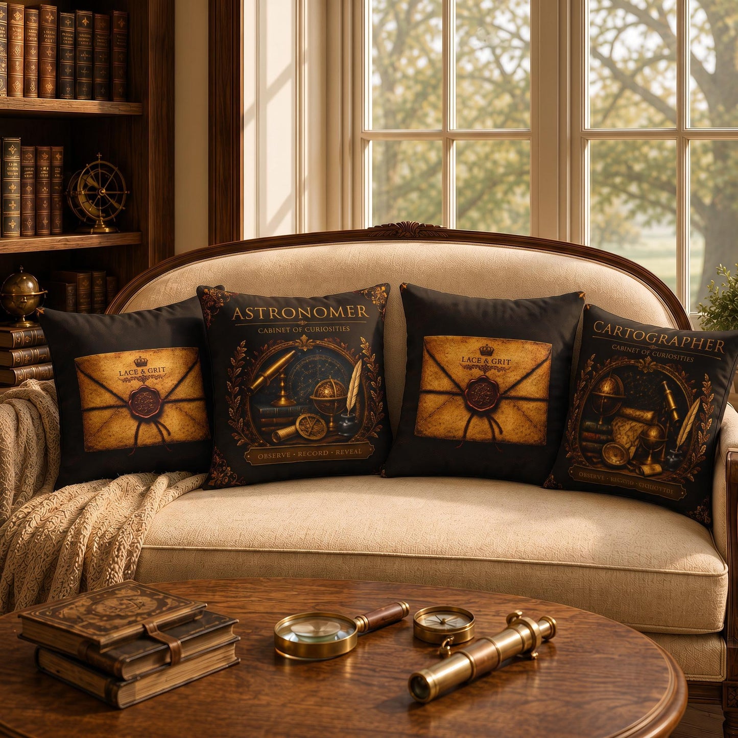Cartographer Cabinet of Curiosities Pillow, Dark Academia Throw Pillow, Library Decor Cushion, Museum Style Home Accent