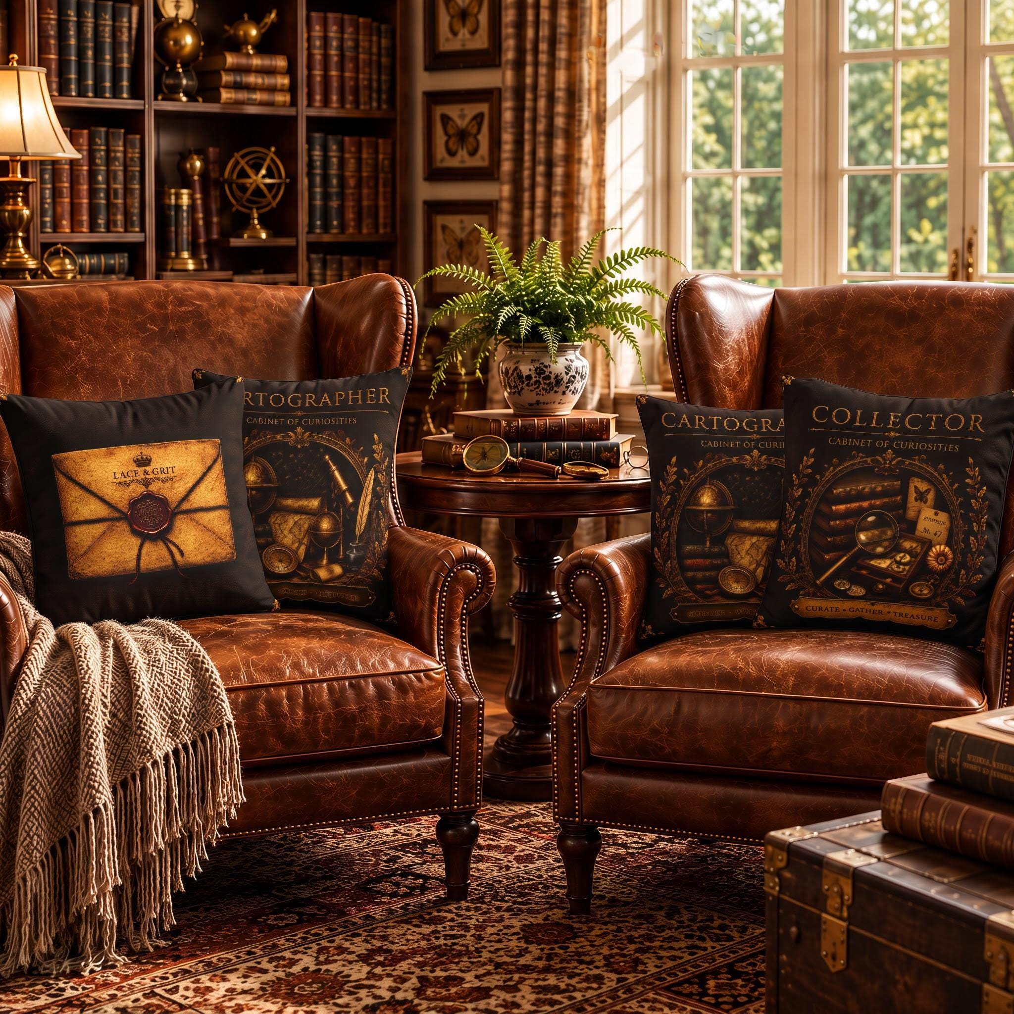 Cartographer Cabinet of Curiosities Pillow, Dark Academia Throw Pillow, Library Decor Cushion, Museum Style Home Accent
