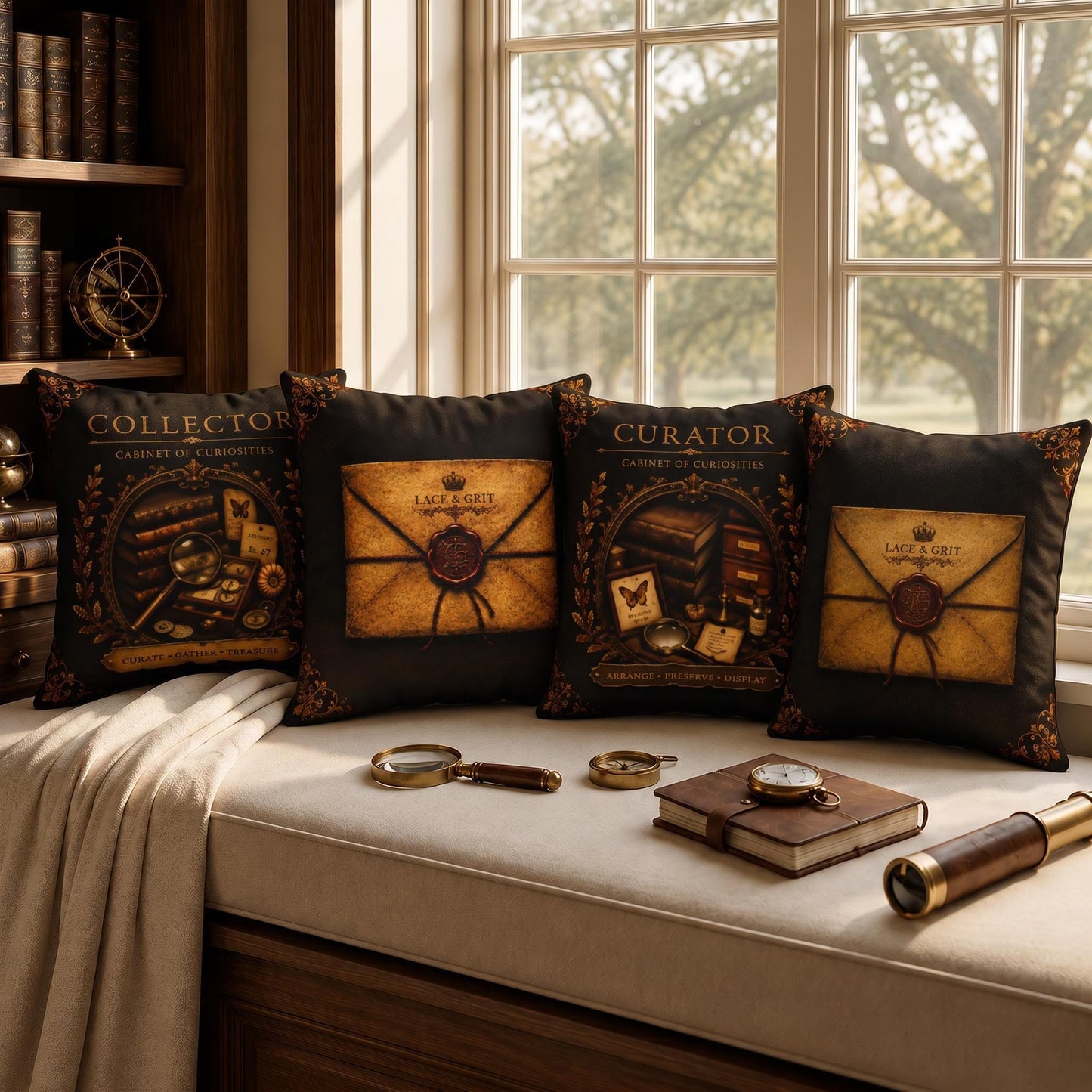 Collector Cabinet of Curiosities Pillow, Dark Academia Throw Pillow, Library Decor Cushion, Museum Style Home Accent