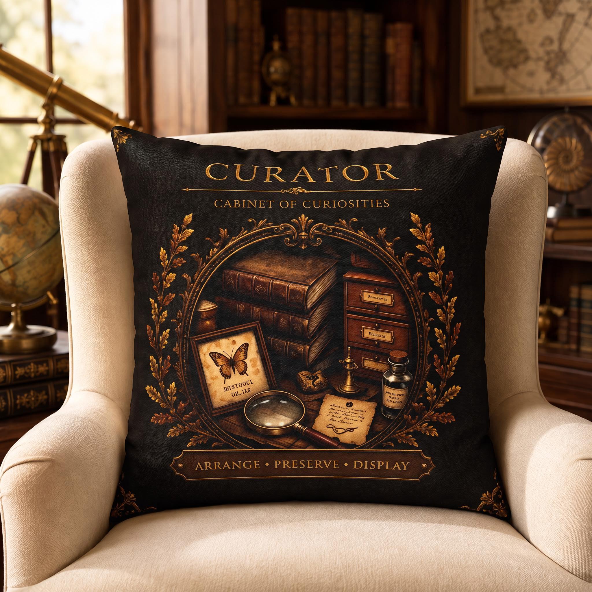 Curator Cabinet of Curiosities Pillow, Dark Academia Throw Pillow, Library Decor Cushion, Museum Style Home Accent