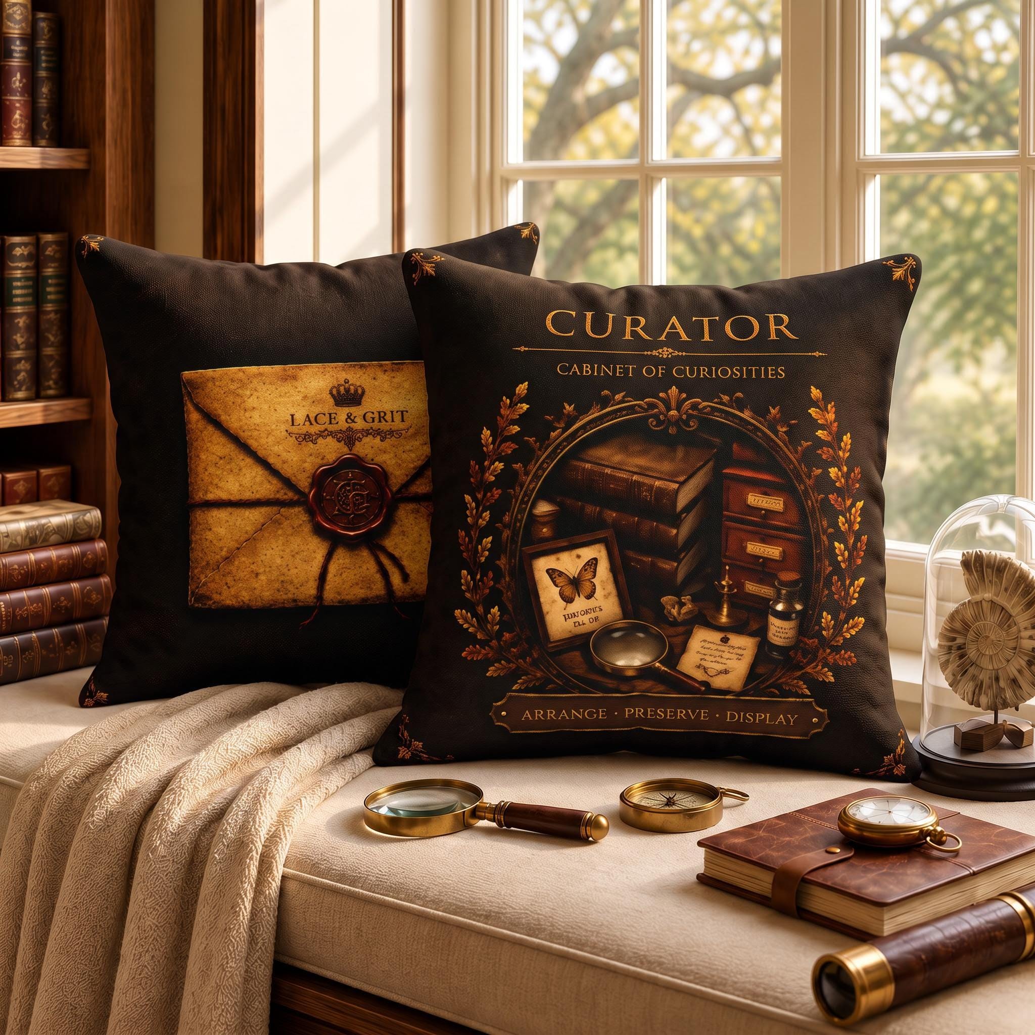 Curator Cabinet of Curiosities Pillow, Dark Academia Throw Pillow, Library Decor Cushion, Museum Style Home Accent