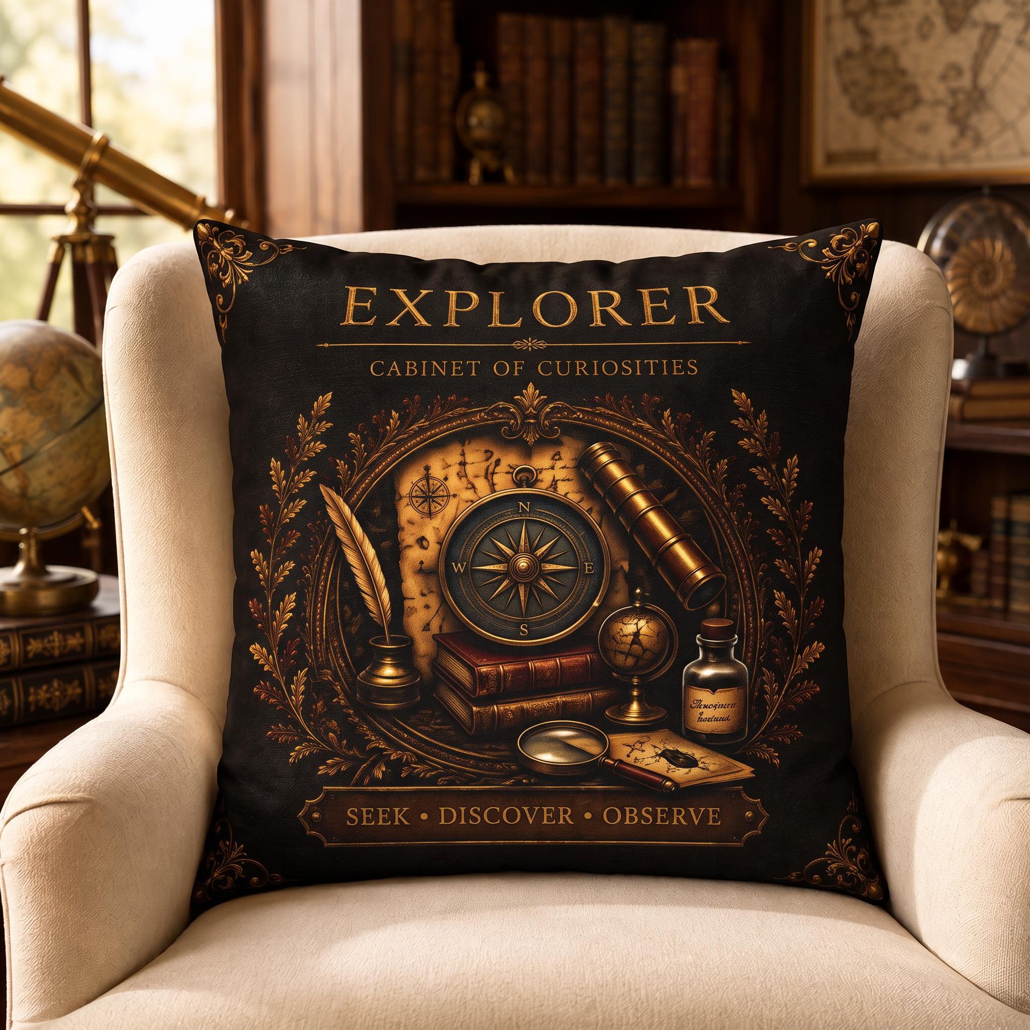Explorer Cabinet of Curiosities Pillow, Dark Academia Throw Pillow, Library Decor Cushion, Museum Style Home Accent