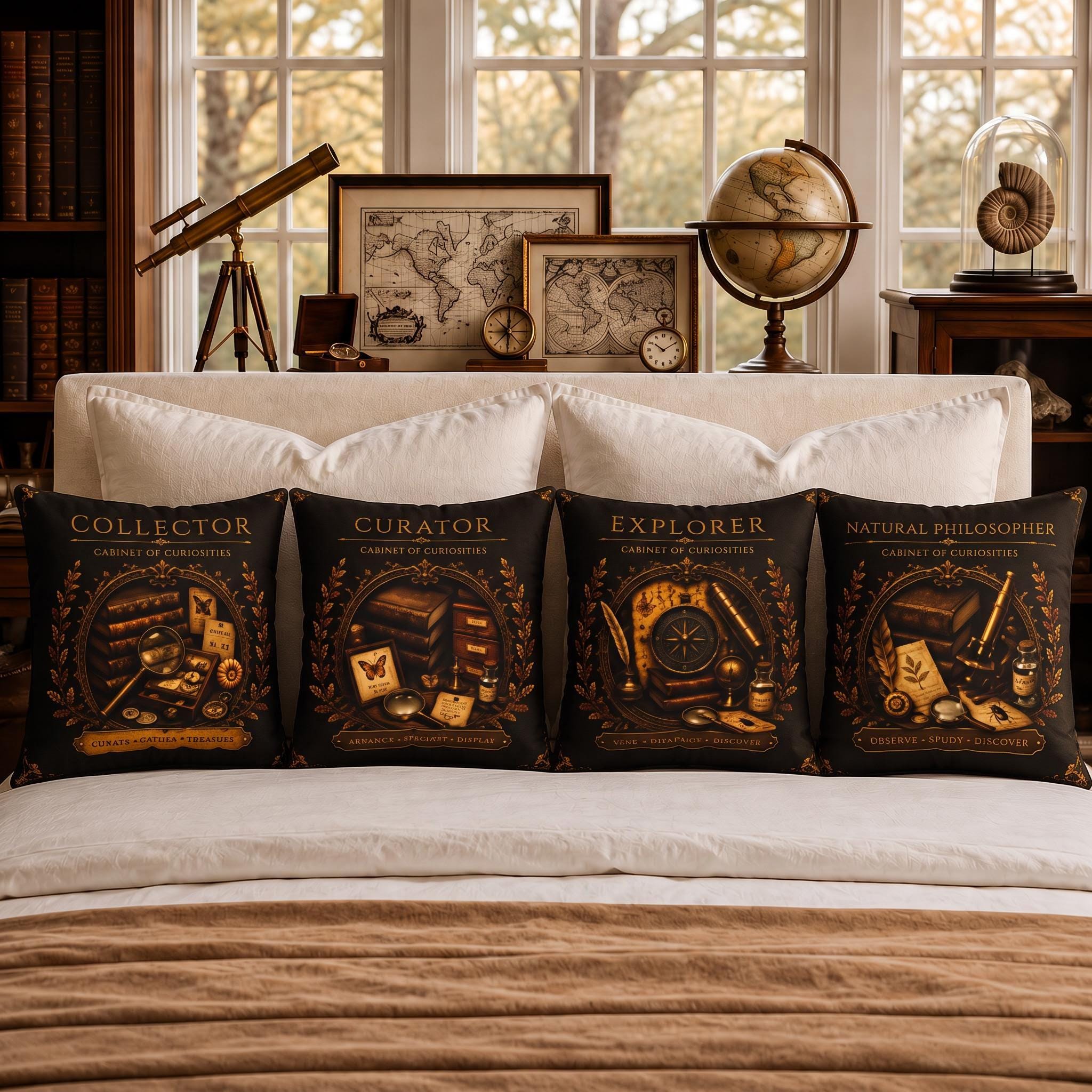 Explorer Cabinet of Curiosities Pillow, Dark Academia Throw Pillow, Library Decor Cushion, Museum Style Home Accent