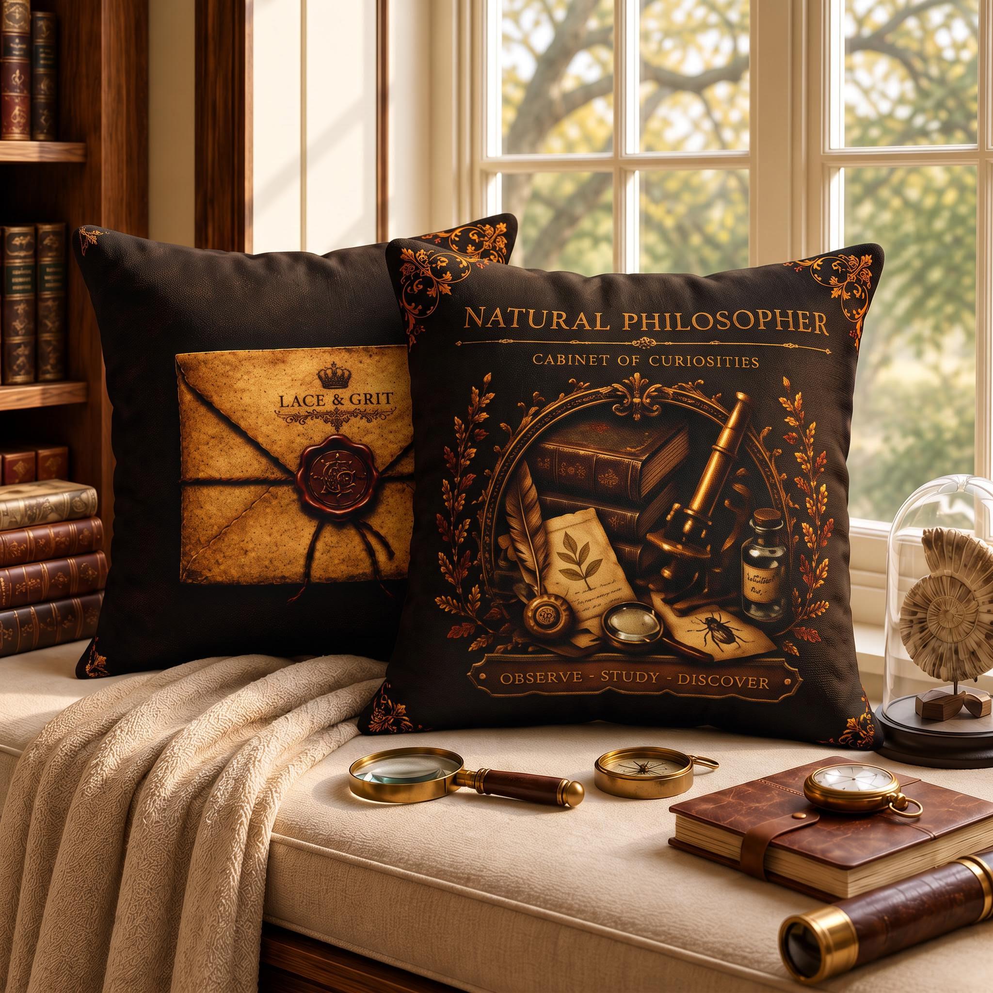 Natural Philosopher Cabinet of Curiosities Pillow, Dark Academia Throw Pillow, Library Decor Cushion, Museum Style Home Accent