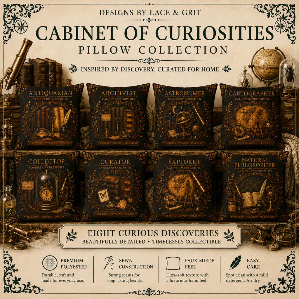 Natural Philosopher Cabinet of Curiosities Pillow, Dark Academia Throw Pillow, Library Decor Cushion, Museum Style Home Accent