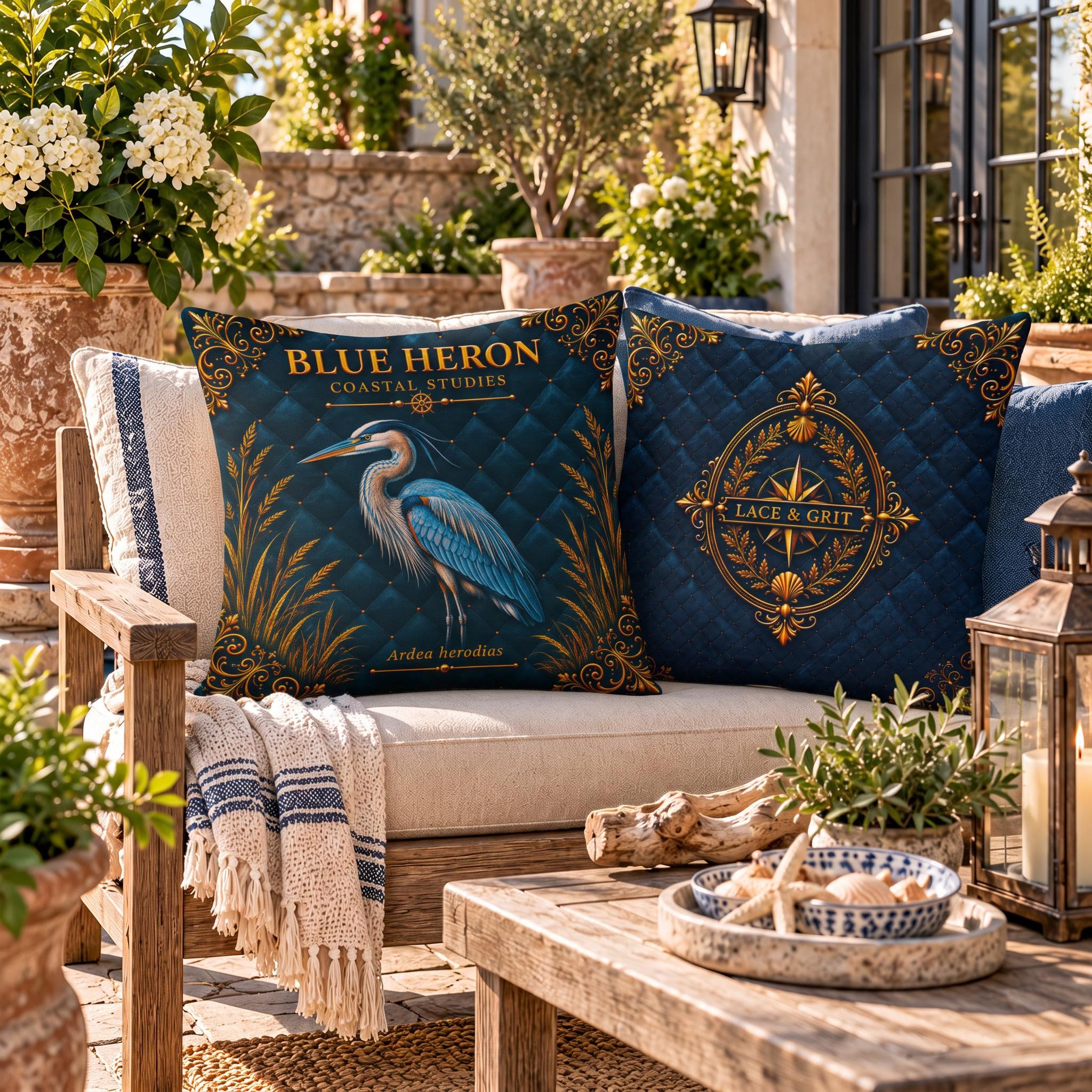 Blue Heron Pillow, Indoor Faux Suede or Outdoor Coastal Bird Decor