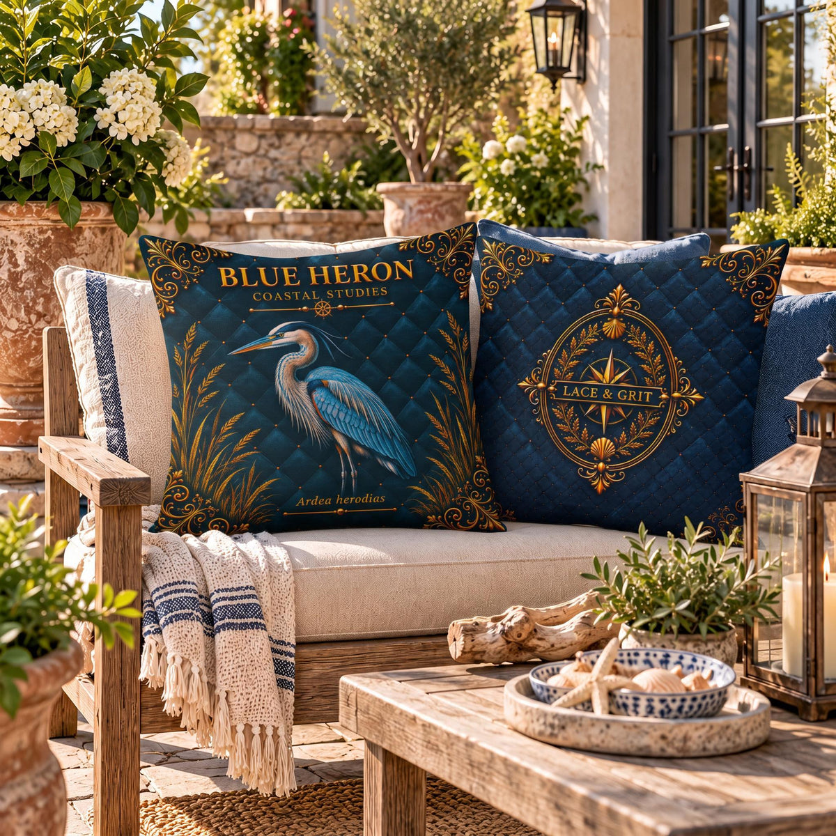 Blue Heron Pillow, Indoor Faux Suede or Outdoor Coastal Bird Decor
