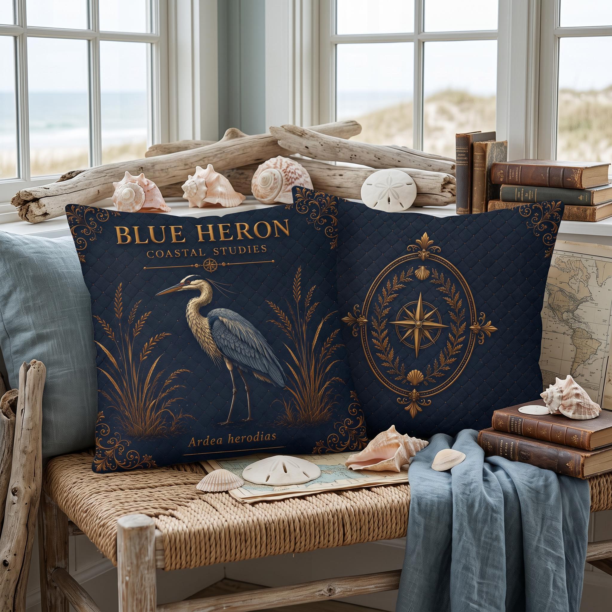 Blue Heron Pillow, Indoor Faux Suede or Outdoor Coastal Bird Decor