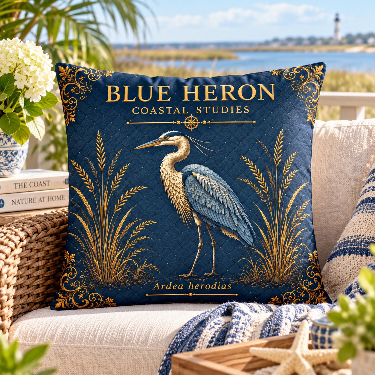 Blue Heron Pillow, Indoor Faux Suede or Outdoor Coastal Bird Decor