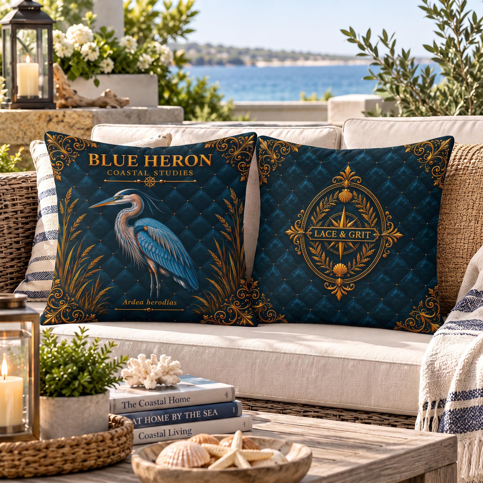 Blue Heron Pillow, Indoor Faux Suede or Outdoor Coastal Bird Decor