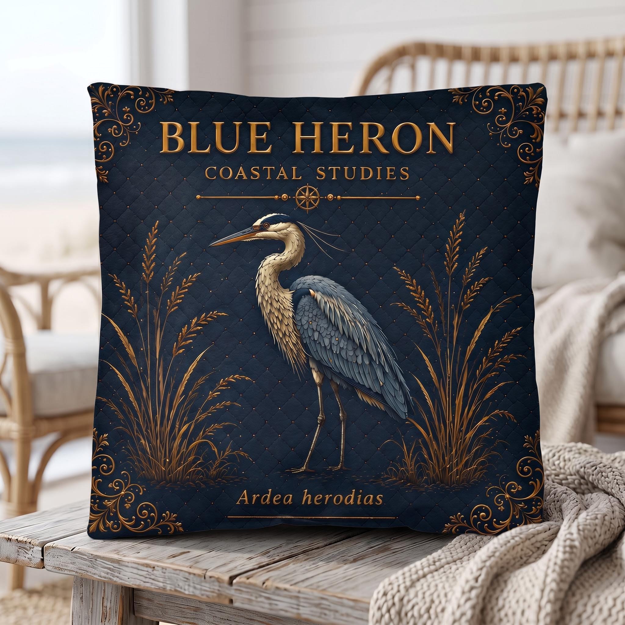Blue Heron Pillow, Indoor Faux Suede or Outdoor Coastal Bird Decor