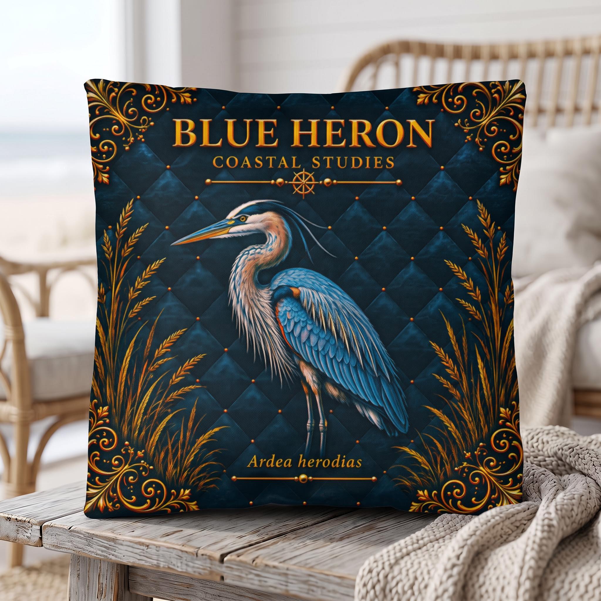 Blue Heron Pillow, Indoor Faux Suede or Outdoor Coastal Bird Decor