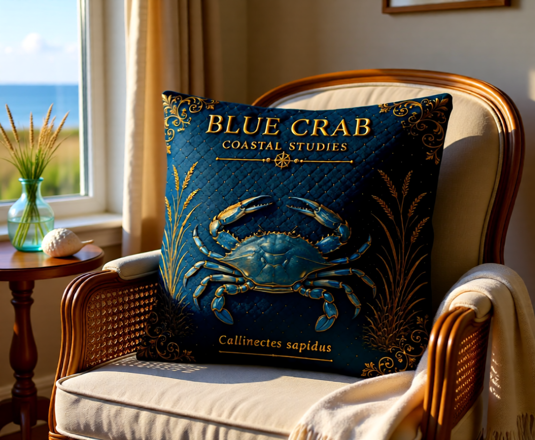Blue Crab Coastal Pillow, Nautical Throw Pillow, Navy Coastal Cushion, Beach House & Lake House Decor, Coastal Grandma Style