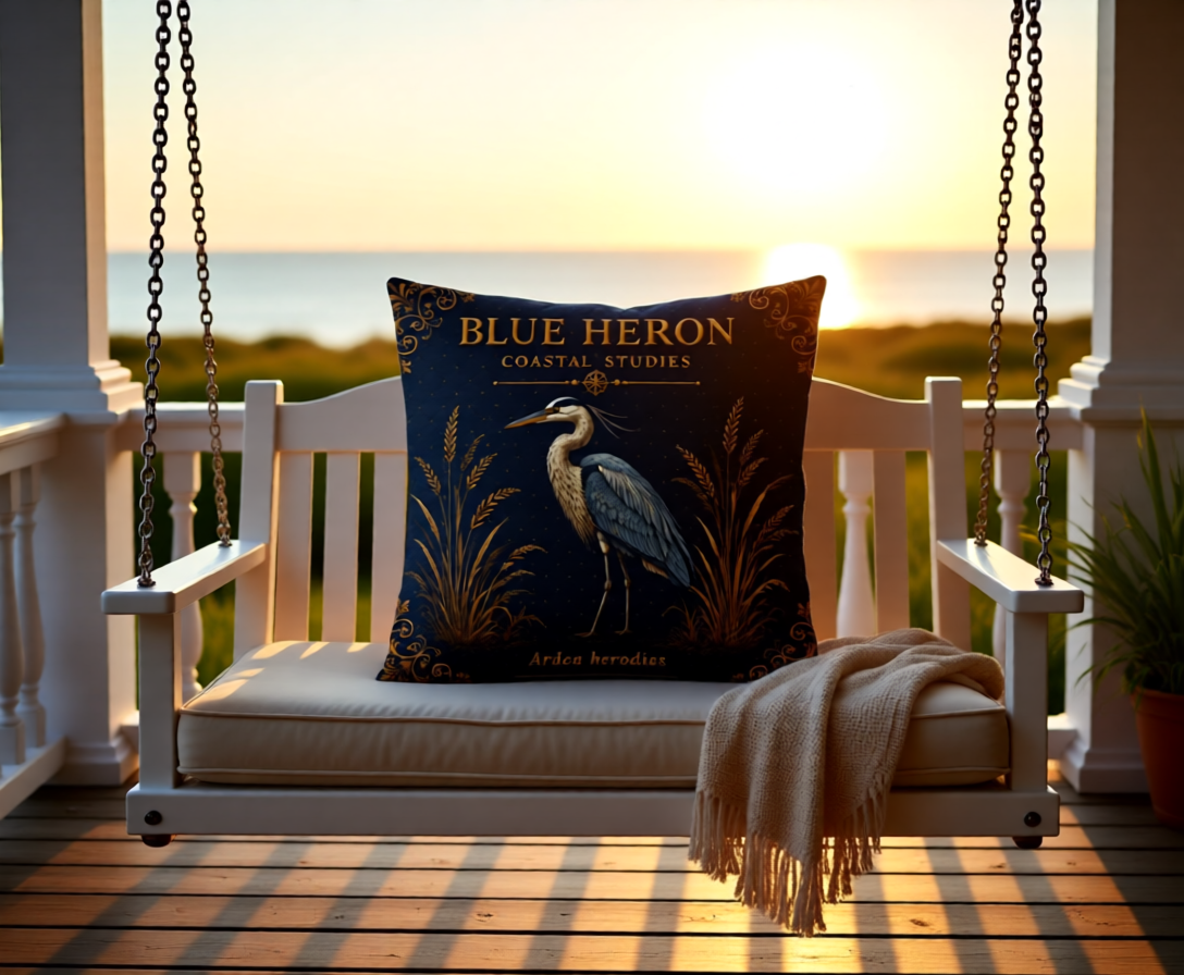 Blue Heron Coastal Pillow, Nautical Throw Pillow, Navy Coastal Cushion, Beach House & Lake House Decor, Coastal Grandma Style