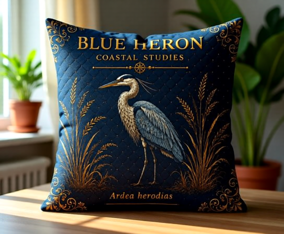 Blue Heron Coastal Pillow, Nautical Throw Pillow, Navy Coastal Cushion, Beach House & Lake House Decor, Coastal Grandma Style
