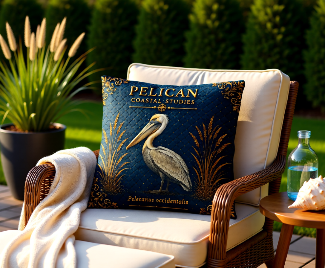 Pelican Coastal Pillow, Nautical Throw Pillow, Navy Coastal Cushion, Beach House & Lake House Decor, Coastal Grandma Style