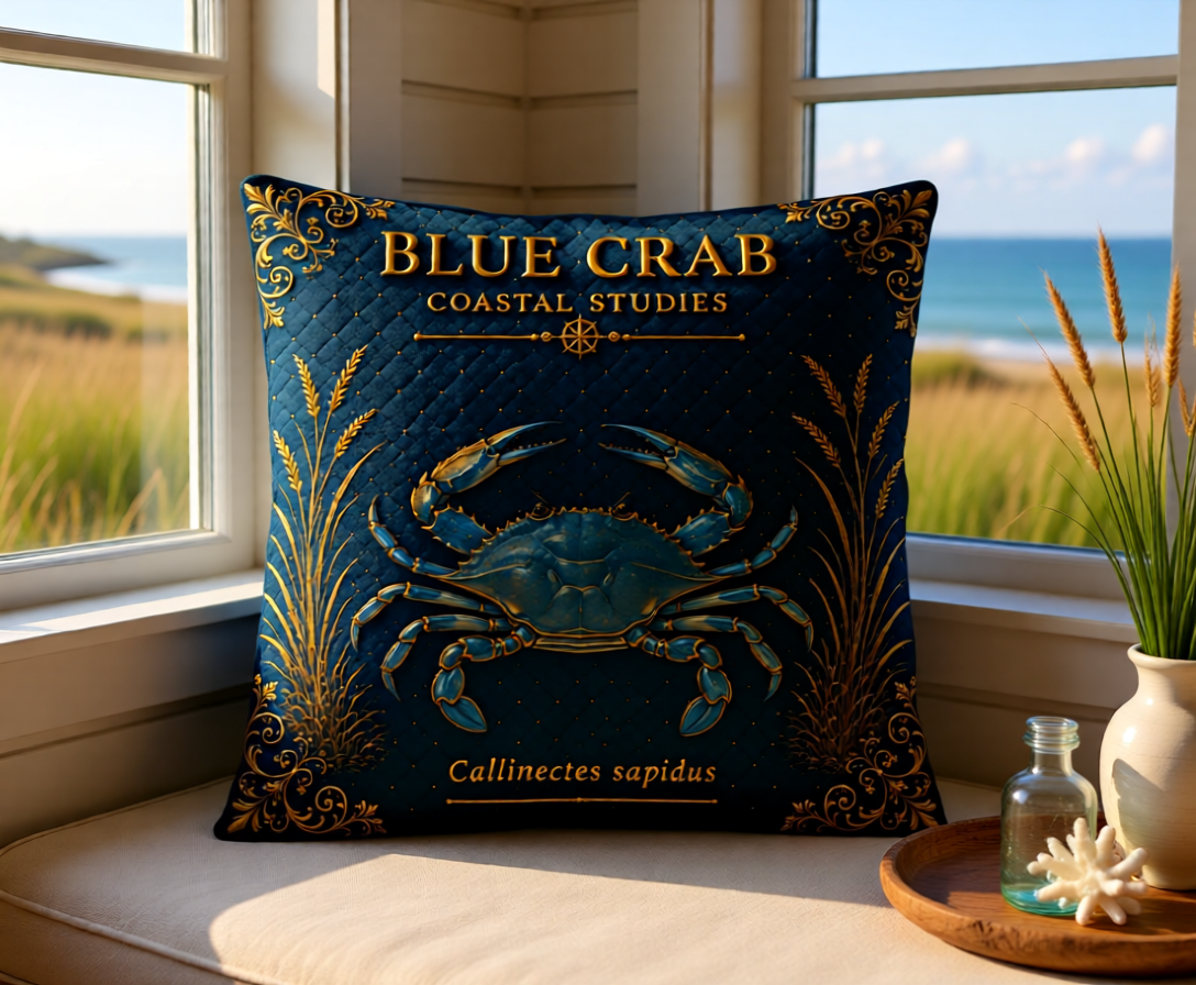 Blue Crab Coastal Pillow, Nautical Throw Pillow, Navy Coastal Cushion, Beach House & Lake House Decor, Coastal Grandma Style