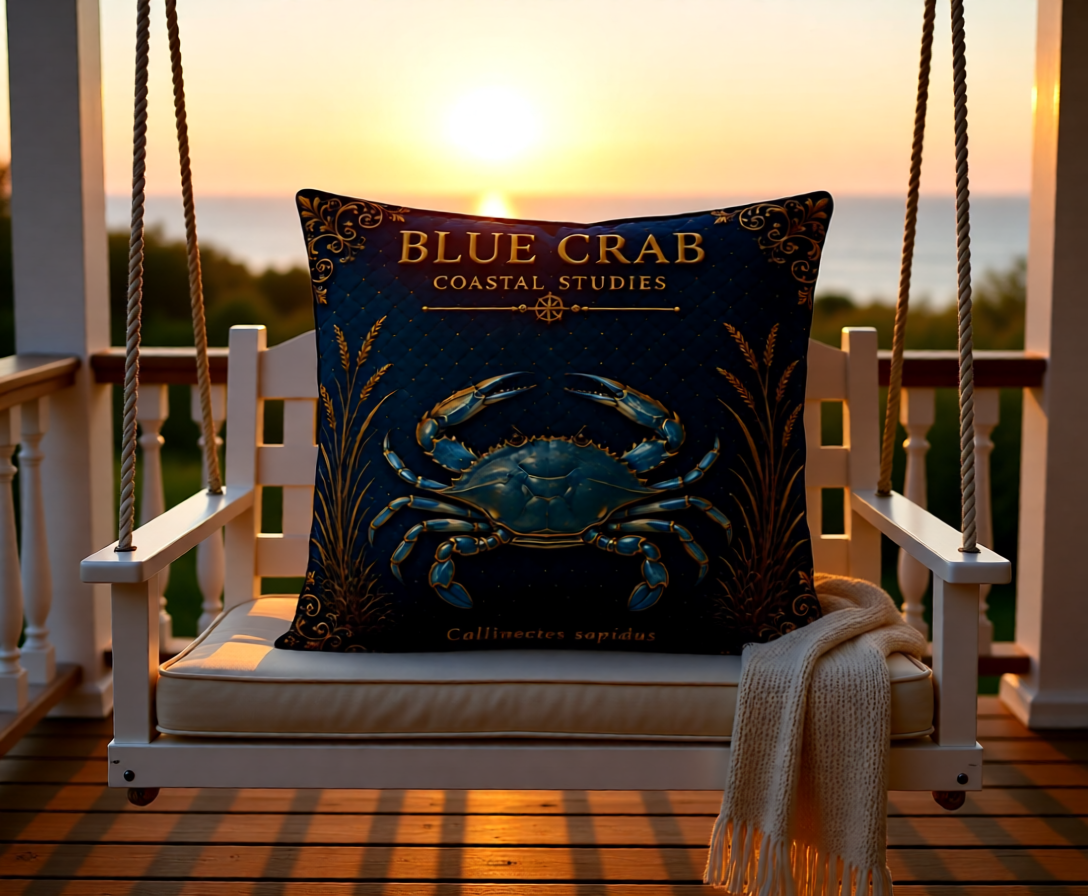 Blue Crab Coastal Pillow, Nautical Throw Pillow, Navy Coastal Cushion, Beach House & Lake House Decor, Coastal Grandma Style