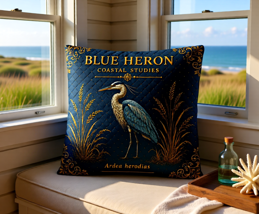 Blue Heron Coastal Pillow, Nautical Throw Pillow, Navy Coastal Cushion, Beach House & Lake House Decor, Coastal Grandma Style