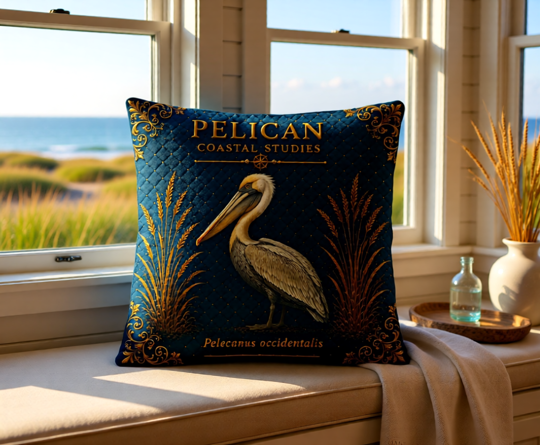 Pelican Coastal Pillow, Nautical Throw Pillow, Navy Coastal Cushion, Beach House & Lake House Decor, Coastal Grandma Style