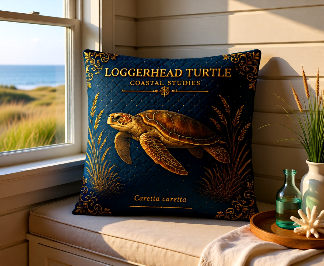 Loggerhead Turtle Coastal Pillow, Nautical Throw Pillow, Navy Coastal Cushion, Beach House & Lake House Decor, Coastal Grandma Style