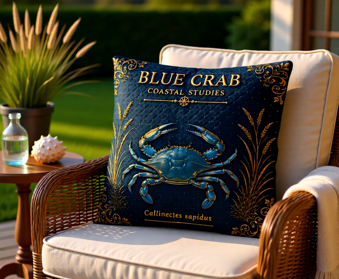 Blue Crab Coastal Pillow, Nautical Throw Pillow, Navy Coastal Cushion, Beach House & Lake House Decor, Coastal Grandma Style