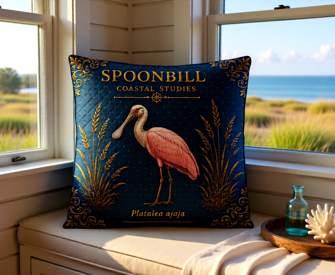 Roseate Spoonbill Coastal Pillow, Nautical Throw Pillow, Navy Coastal Cushion, Beach House & Lake House Decor, Coastal Grandma Style